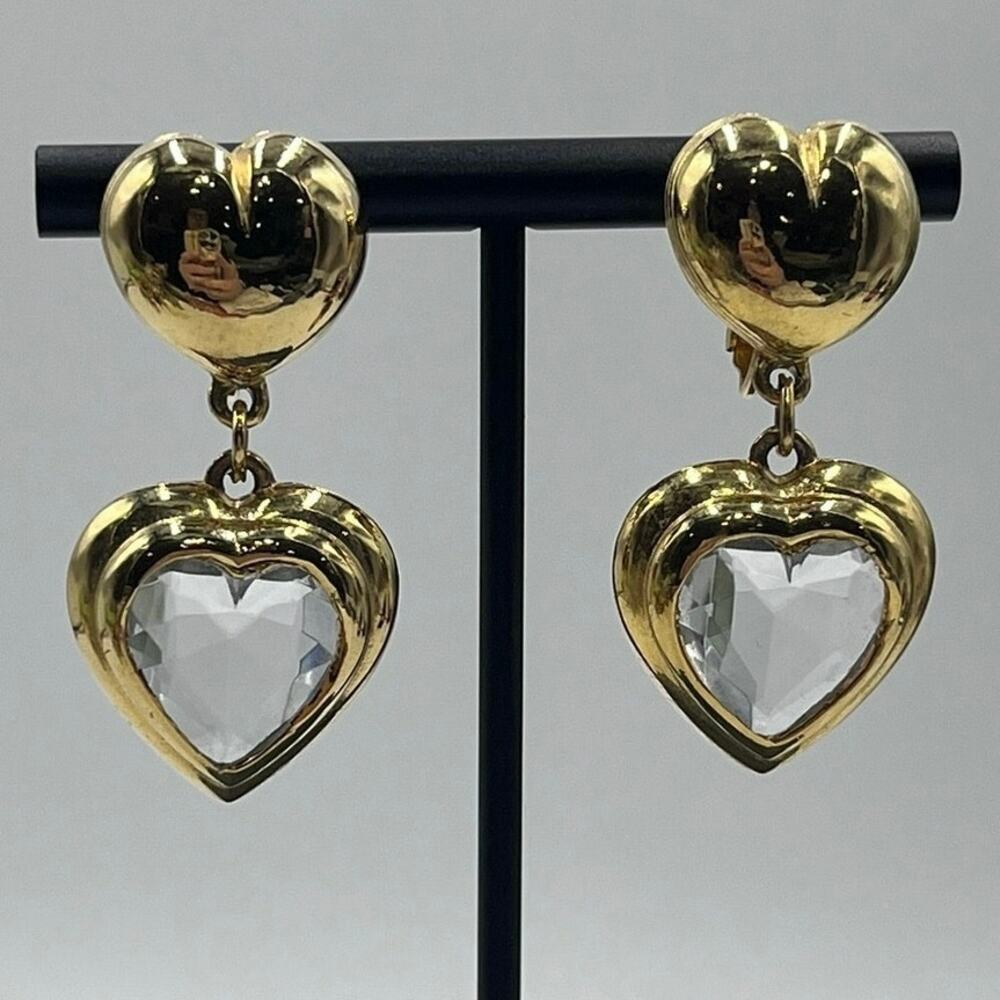 Gold Tone Unsigned Faceted Heart Dangle Clip‎ On Earrings High End